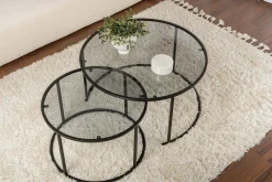 Tavolino da Salotto Nero set di 2 Tavolini Forma Circolare 80x80x43h cm, Sfumatura Colore Ripiano Fume - Aedion