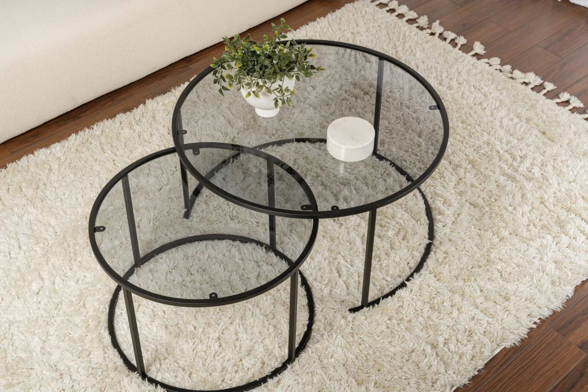 Tavolino da Salotto Nero set di 2 Tavolini Forma Circolare 80x80x43h cm, Sfumatura Colore Ripiano Fume - Aedion