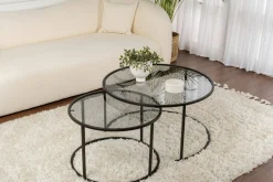 Tavolino da Salotto Nero set di 2 Tavolini Forma Circolare 80x80x43h cm, Sfumatura Colore Ripiano Fume - Aedion