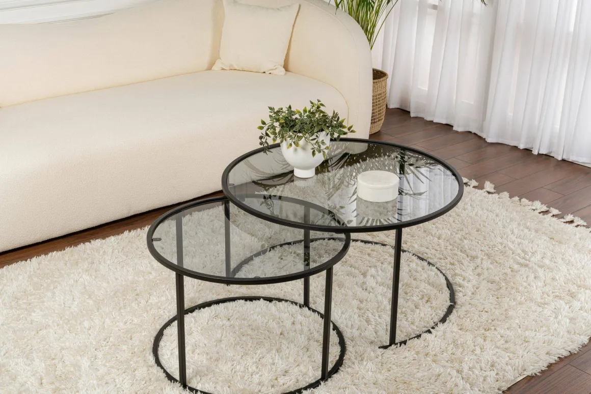 Tavolino da Salotto Nero set di 2 Tavolini Forma Circolare 80x80x43h cm, Sfumatura Colore Ripiano Fume - Aedion