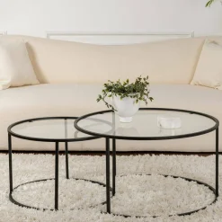 Tavolino da Salotto Nero set di 2 Tavolini Peso Massimo Supportato 10 kg Forma Rotonda 80x80x43h cm, Materiale Piano in Vetro - Aedion