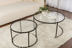 Tavolino da Salotto Nero set di 2 Tavolini Peso Massimo Supportato 10 kg Forma Rotonda 80x80x43h cm, Materiale Piano in Vetro - Aedion