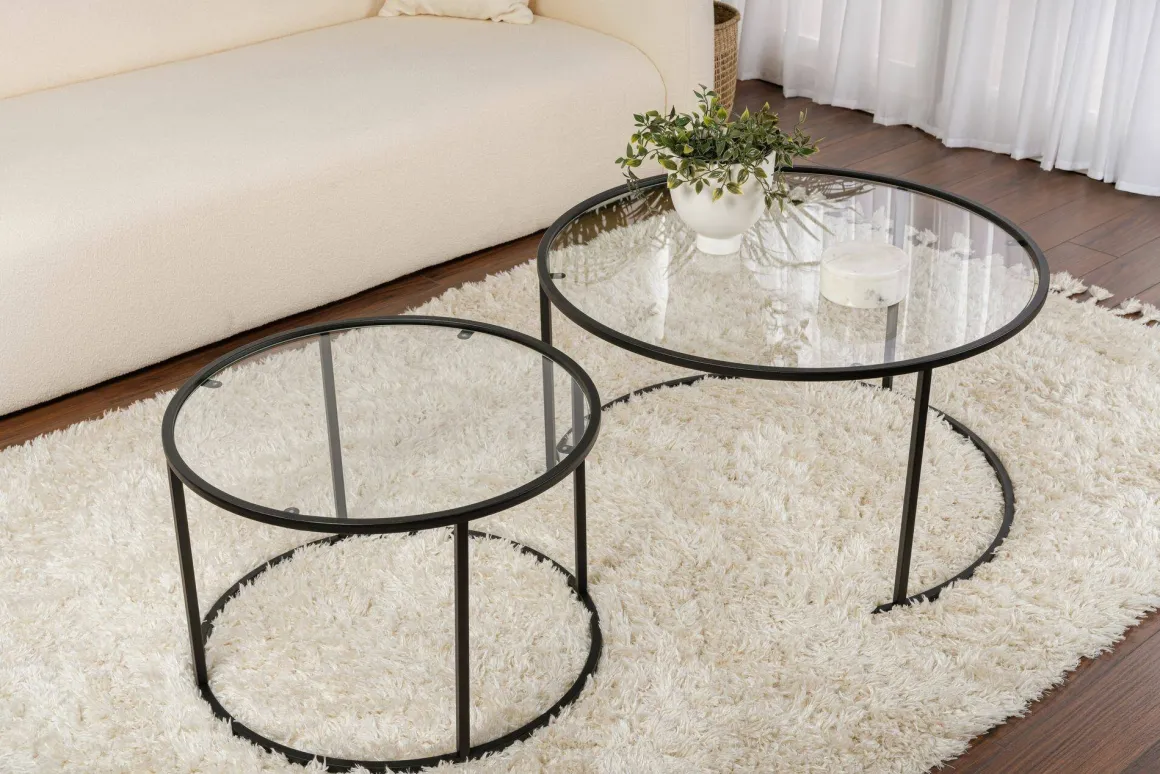 Tavolino da Salotto Nero set di 2 Tavolini Peso Massimo Supportato 10 kg Forma Rotonda 80x80x43h cm, Materiale Piano in Vetro - Aedion