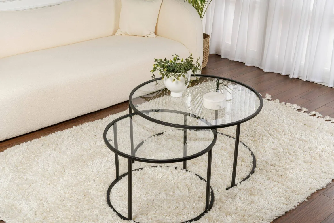 Tavolino da Salotto Nero set di 2 Tavolini Peso Massimo Supportato 10 kg Forma Rotonda 80x80x43h cm, Materiale Piano in Vetro - Aedion