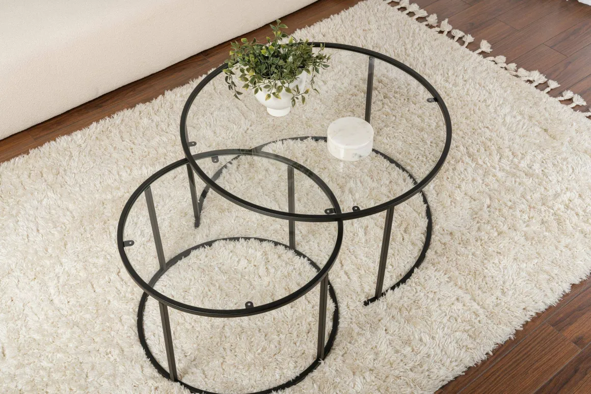 Tavolino da Salotto Nero set di 2 Tavolini Peso Massimo Supportato 10 kg Forma Rotonda 80x80x43h cm, Materiale Piano in Vetro - Aedion