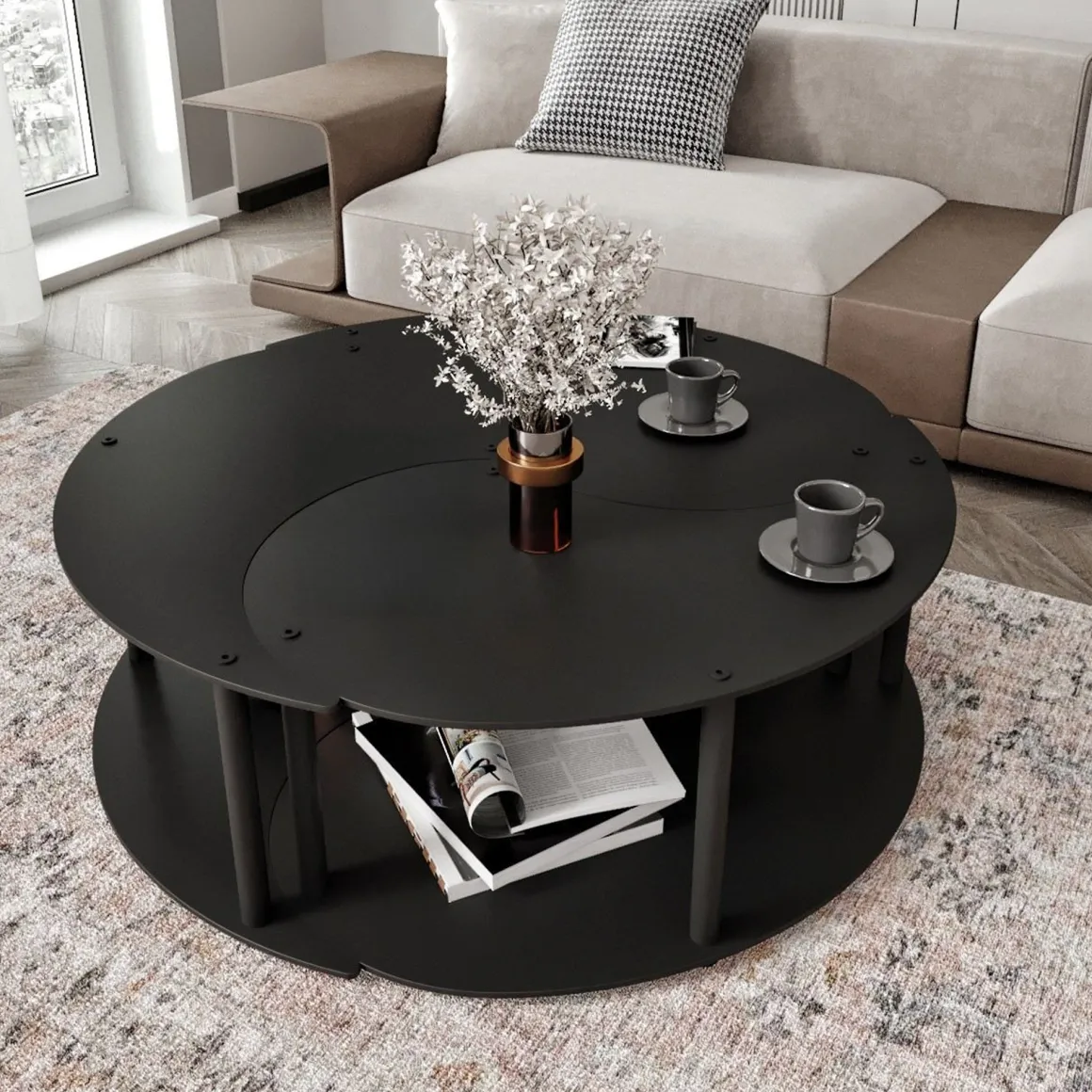 Tavolino da Salotto Nero set 3 Pezzi 3 Vani 70x70x38h cm, Forma Rotondo - Gignese