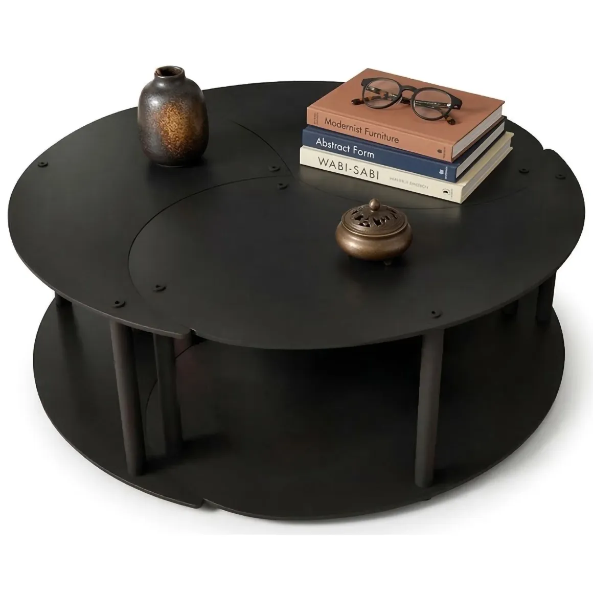 Tavolino da Salotto Nero set 3 Pezzi 3 Vani 70x70x38h cm, Forma Rotondo - Gignese