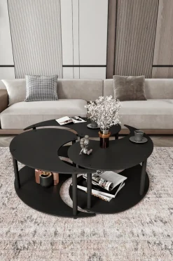 Tavolino da Salotto Nero set 3 Pezzi 3 Vani 70x70x38h cm, Forma Rotondo - Gignese