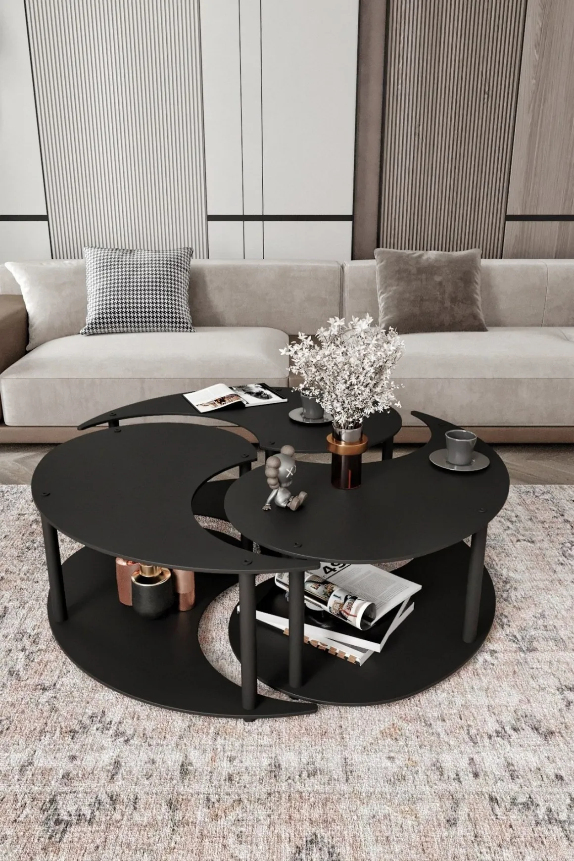 Tavolino da Salotto Nero set 3 Pezzi 3 Vani 70x70x38h cm, Forma Rotondo - Gignese