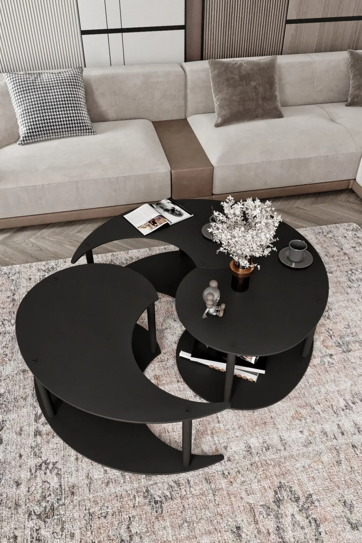 Tavolino da Salotto Nero set 3 Pezzi 3 Vani 70x70x38h cm, Forma Rotondo - Gignese