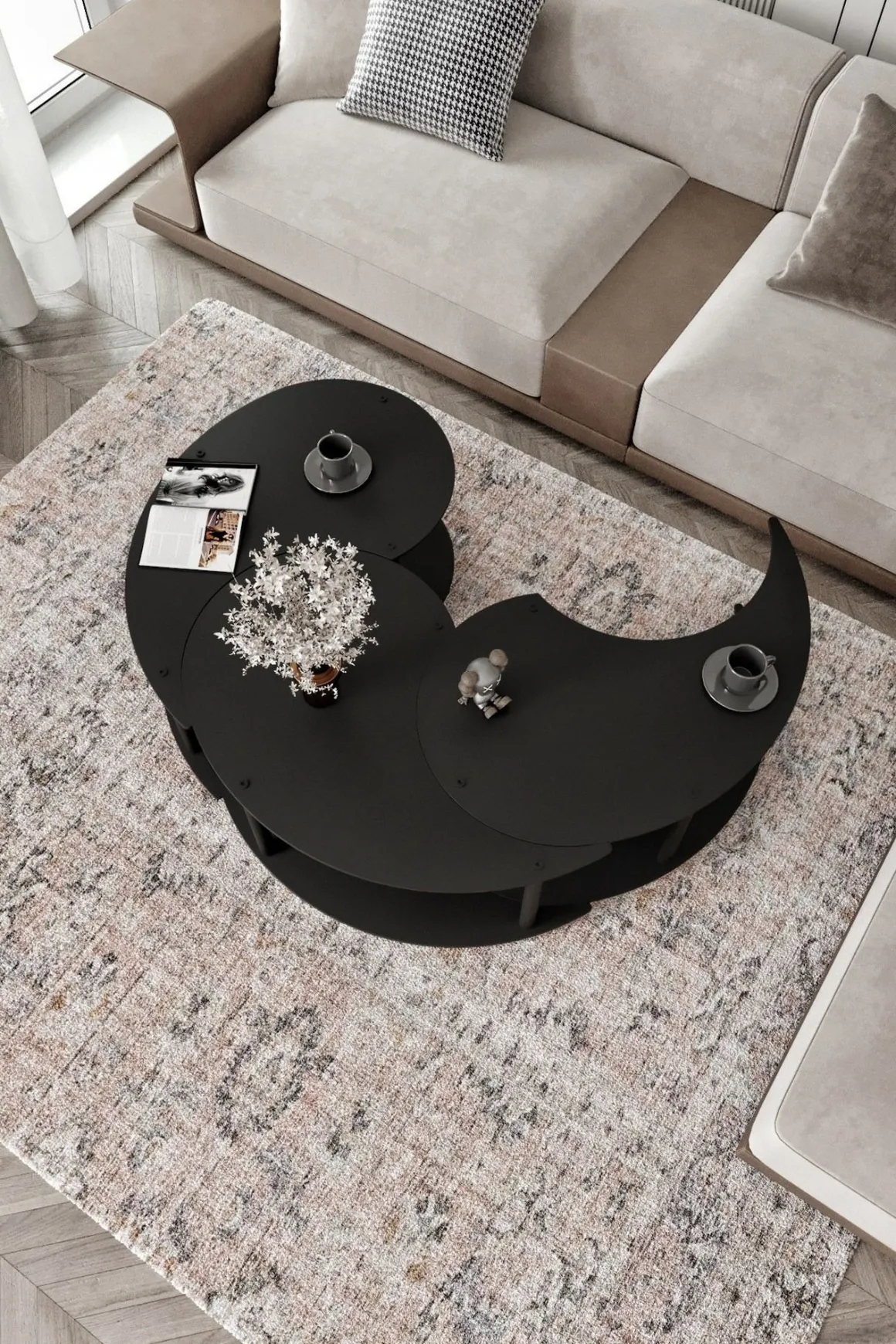 Tavolino da Salotto Nero set 3 Pezzi 3 Vani 70x70x38h cm, Forma Rotondo - Gignese