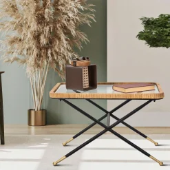 Tavolino da Salotto Nero Trasparente Dettaglio Effetto Rattan Forma Rettangolare 70x50x45h cm, Colore Ripiano Trasparente - Trat
