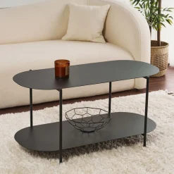 Tavolino da Salotto Nero un Vano Forma Ovale 100x45x51h cm, Materiale Piano in Metallo - Verzate