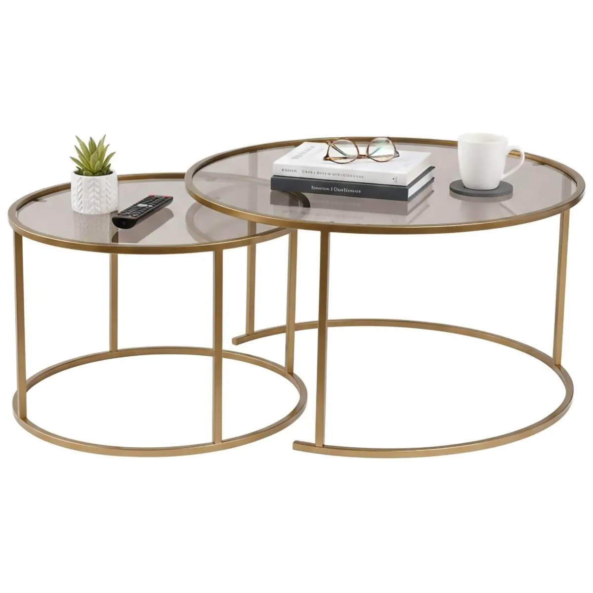 Tavolini Da Salotto > Dmora Tavolino da Salotto set di 2 Tavolini Forma Circolare 80x80x43h cm, Materiale Struttura in Vetro - Aedion Oro Bronzo