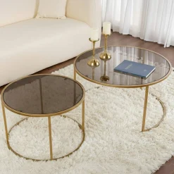 Tavolini Da Salotto > Dmora Tavolino da Salotto set di 2 Tavolini Forma Circolare 80x80x43h cm, Materiale Struttura in Vetro - Aedion Oro Bronzo