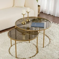 Tavolini Da Salotto > Dmora Tavolino da Salotto set di 2 Tavolini Forma Circolare 80x80x43h cm, Materiale Struttura in Vetro - Aedion Oro Bronzo