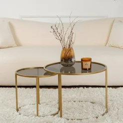 Tavolino da Salotto oro Bronzo set di 2 Tavolini Forma Rotondo 60x60x43h cm, Materiale Struttura in Vetro - Xaden