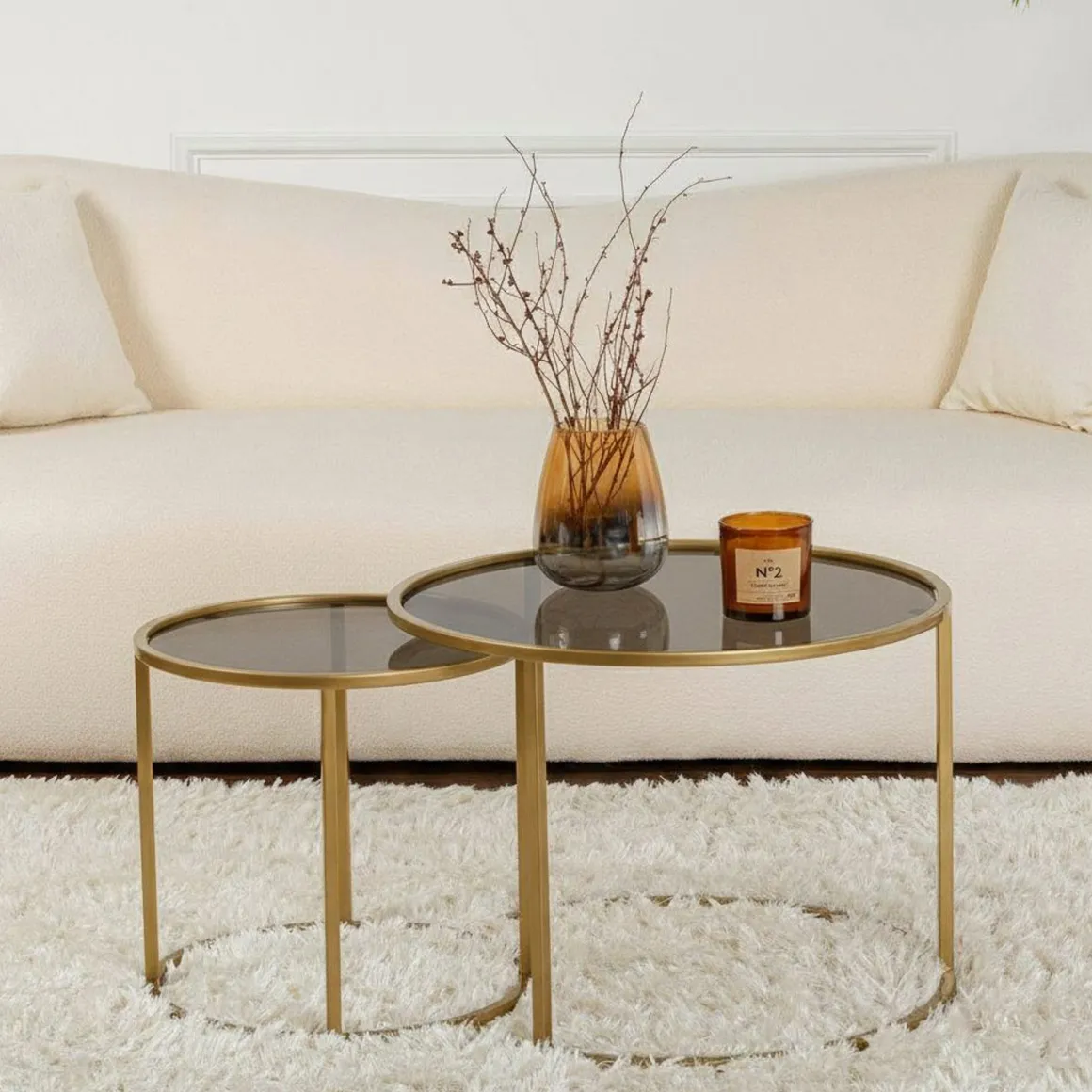 Tavolino da Salotto oro Bronzo set di 2 Tavolini Forma Rotondo 60x60x43h cm, Materiale Struttura in Vetro - Xaden
