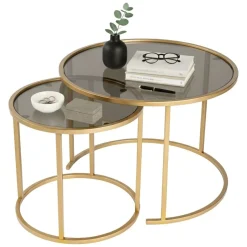 Tavolino da Salotto oro Bronzo set di 2 Tavolini Forma Rotondo 60x60x43h cm, Materiale Struttura in Vetro - Xaden