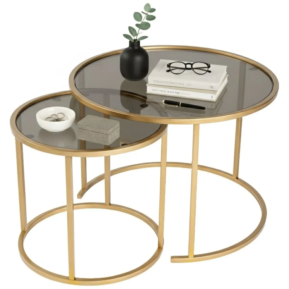 Tavolino da Salotto oro Bronzo set di 2 Tavolini Forma Rotondo 60x60x43h cm, Materiale Struttura in Vetro - Xaden