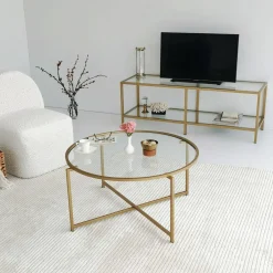 Tavolini Da Salotto|Salotto > Dmora Tavolino da Salotto Cassetti 83x83x40h cm, Vani - Ecaterina Oro