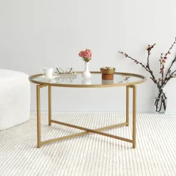 Tavolini Da Salotto|Salotto > Dmora Tavolino da Salotto Cassetti 83x83x40h cm, Vani - Ecaterina Oro