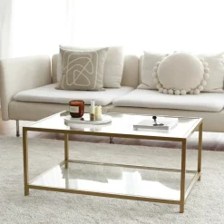 Tavolini Da Salotto > Dmora Tavolino da Salotto Cassetti Peso Massimo Supportato 10 kg 80x80x43h cm, Vani - Geralt Oro
