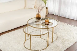 Tavolini Da Salotto > Dmora Tavolino da Salotto Cassetti set di 3 Tavolini Peso Massimo Supportato 10 kg 80x80x43h cm, Vani - Rowan Oro