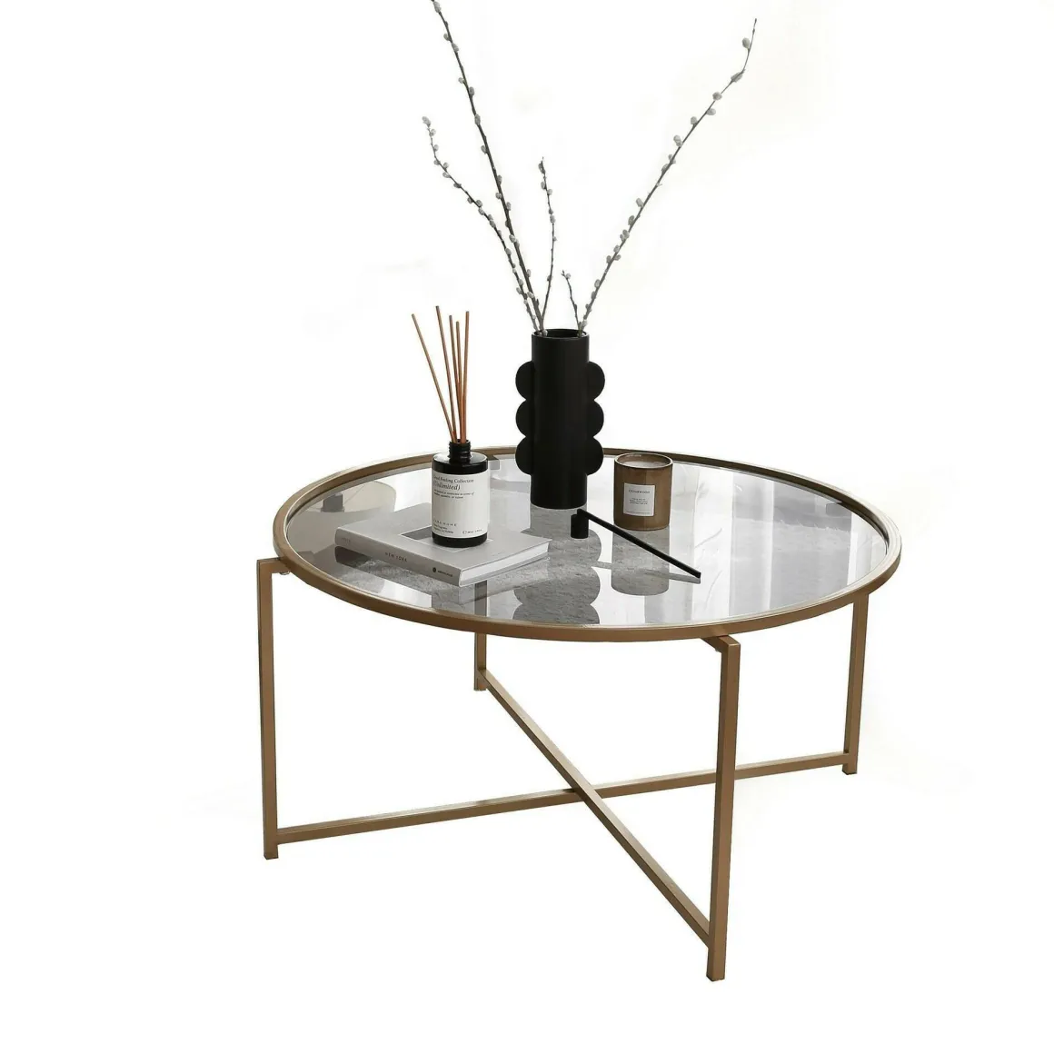 Tavolino da Salotto oro Effetto Fume Forma Rotonda 83x83x40h cm, Sfumatura Colore Ripiano Fume - Ecaterina