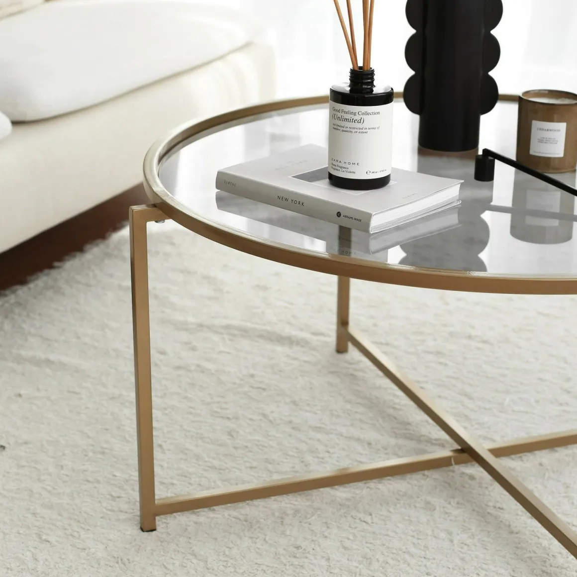 Tavolino da Salotto oro Effetto Fume Forma Rotonda 83x83x40h cm, Sfumatura Colore Ripiano Fume - Ecaterina