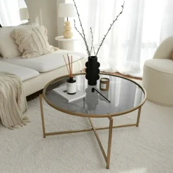 Tavolino da Salotto oro Effetto Fume Forma Rotonda 83x83x40h cm, Sfumatura Colore Ripiano Fume - Ecaterina