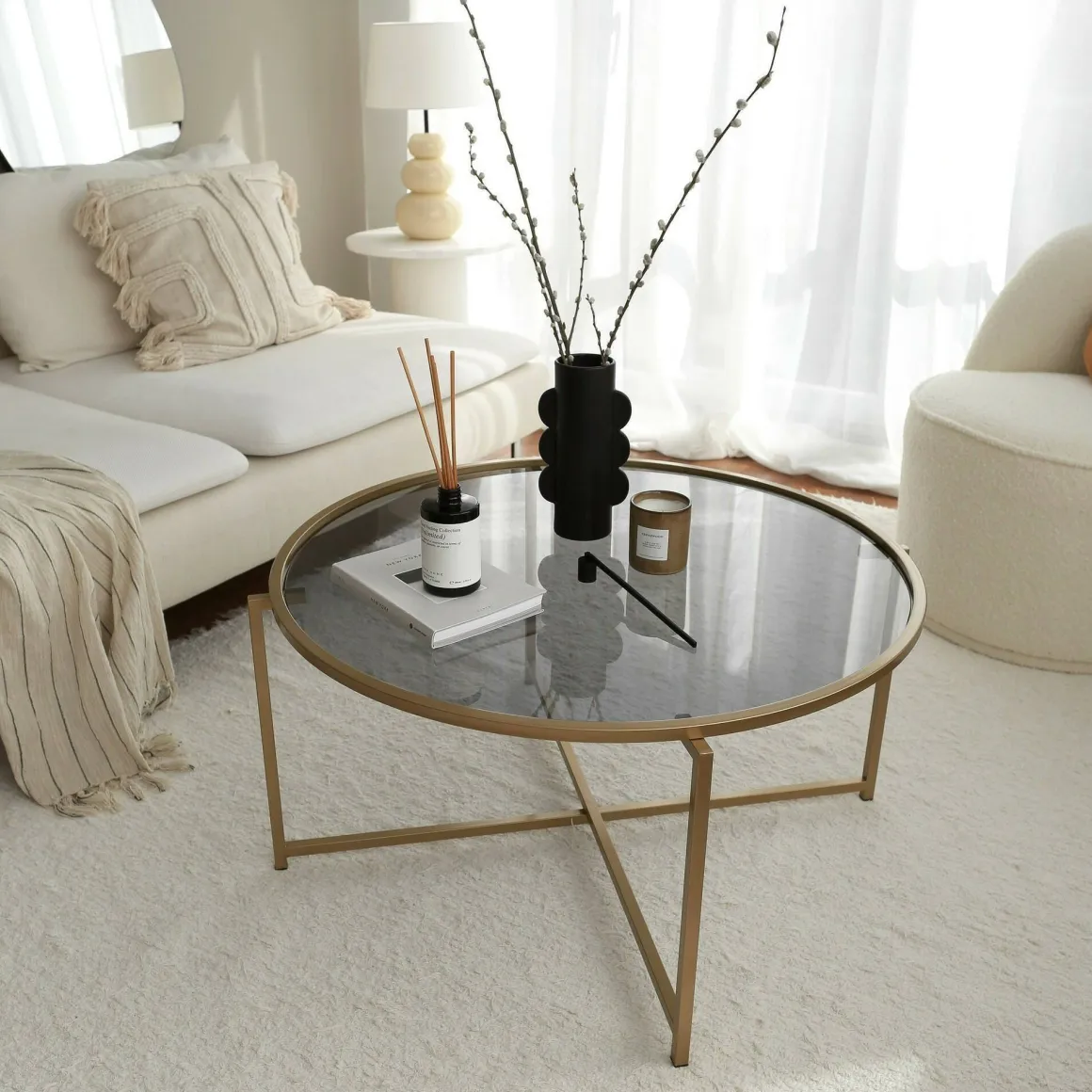 Tavolino da Salotto oro Effetto Fume Forma Rotonda 83x83x40h cm, Sfumatura Colore Ripiano Fume - Ecaterina