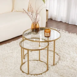 Tavolini Da Salotto > Dmora Tavolino da Salotto Modulabile Forma Rotondo 60x60x43h cm, Materiale Piano in Vetro - Simaxis Oro