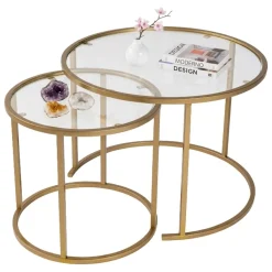 Tavolini Da Salotto > Dmora Tavolino da Salotto Modulabile Forma Rotondo 60x60x43h cm, Materiale Piano in Vetro - Simaxis Oro