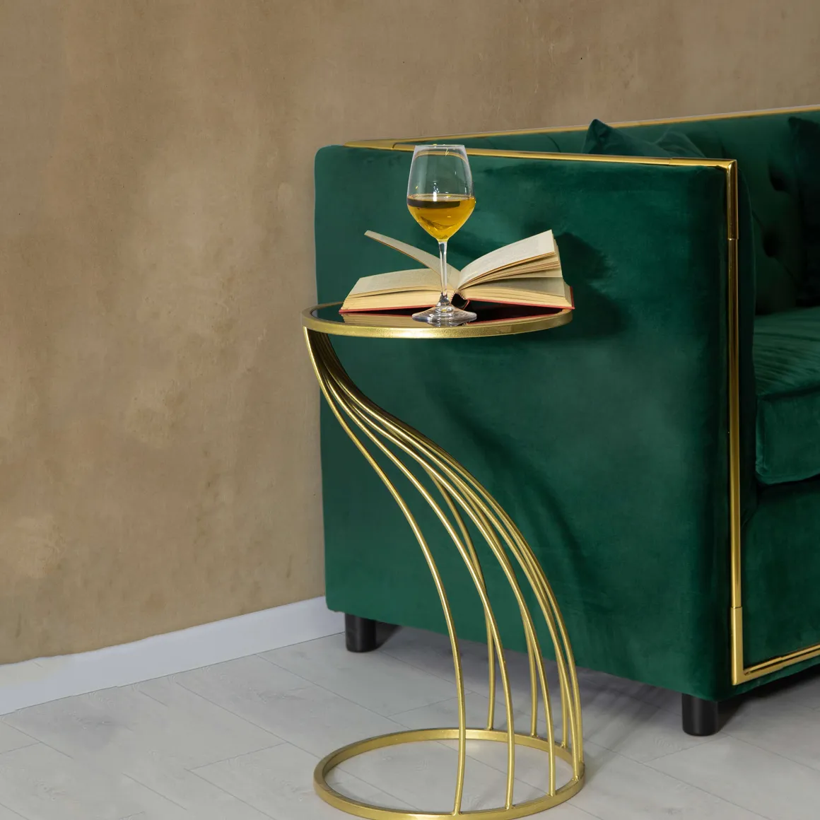 Tavolino da Salotto oro Nero Portatelefono Forma Rotondo 35x35x60h cm, Colore Ripiano Nero - Broome
