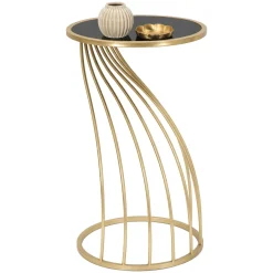 Tavolino da Salotto oro Nero Portatelefono Forma Rotondo 35x35x60h cm, Colore Ripiano Nero - Broome