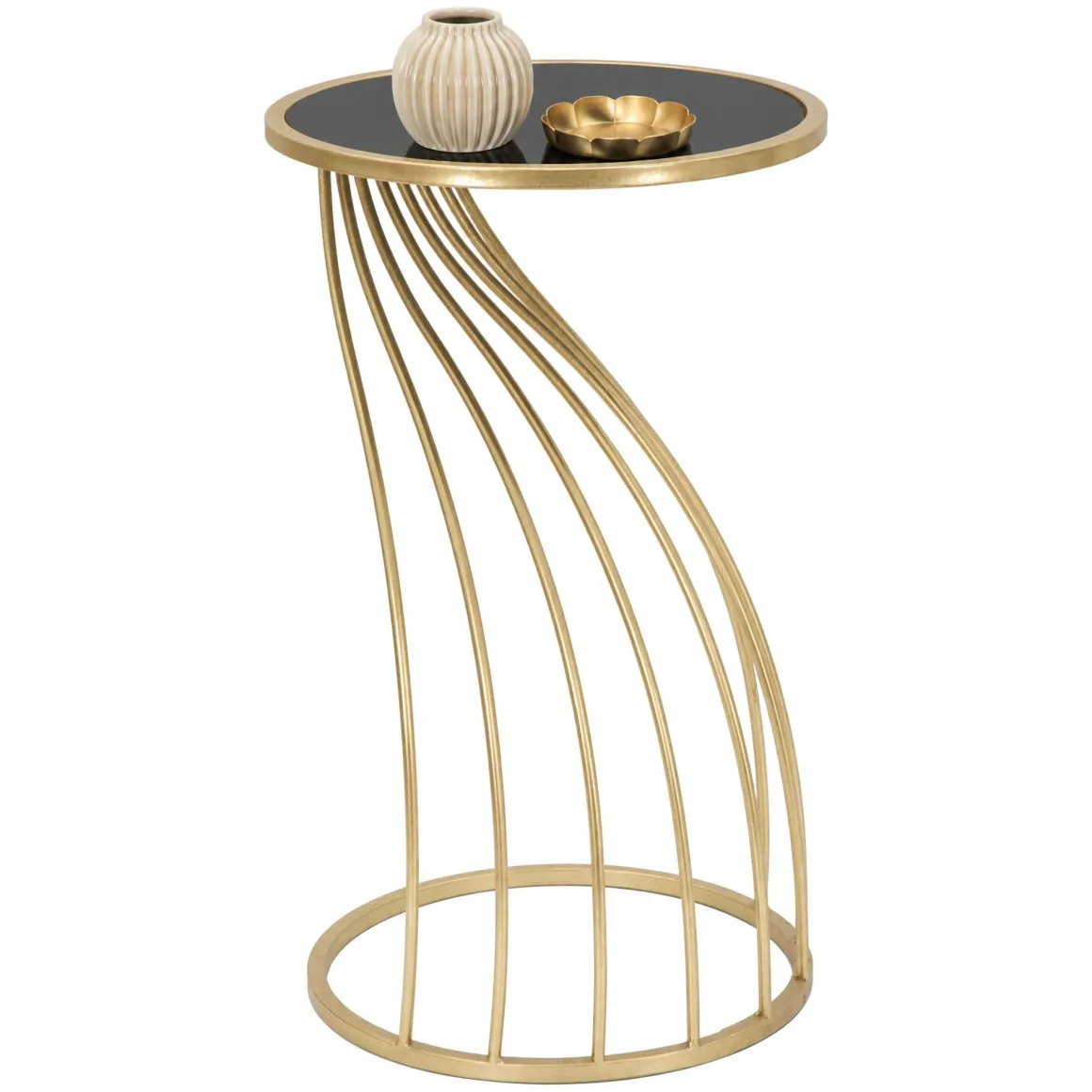 Tavolino da Salotto oro Nero Portatelefono Forma Rotondo 35x35x60h cm, Colore Ripiano Nero - Broome