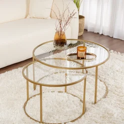 Tavolini Da Salotto > Dmora Tavolino da Salotto Piano in Vetro Temperato Forma Rotondo 80x80x43h cm, Materiale Piano in Vetro - Telti Oro
