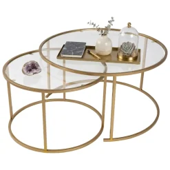 Tavolini Da Salotto > Dmora Tavolino da Salotto Piano in Vetro Temperato Forma Rotondo 80x80x43h cm, Materiale Piano in Vetro - Telti Oro