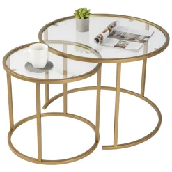 Tavolino da Salotto oro set di 2 Tavolini Peso Massimo Supportato 10 kg Forma Rotondo 60x60x43h cm, Materiale Piano in Vetro - Xaden