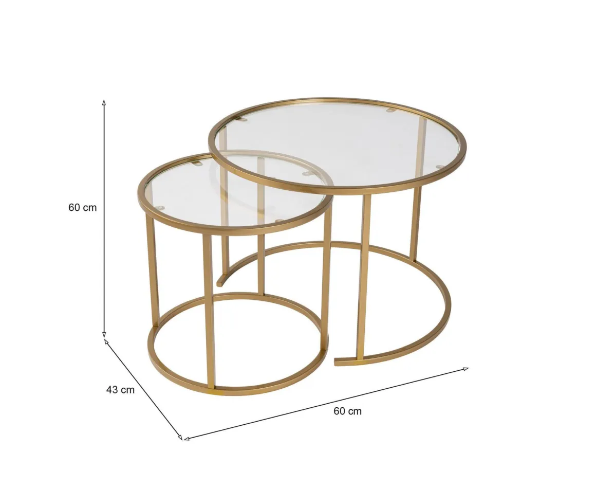Tavolino da Salotto oro set di 2 Tavolini Peso Massimo Supportato 10 kg Forma Rotondo 60x60x43h cm, Materiale Piano in Vetro - Xaden