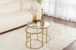 Tavolino da Salotto oro set di 2 Tavolini Peso Massimo Supportato 10 kg Forma Rotondo 60x60x43h cm, Materiale Piano in Vetro - Xaden