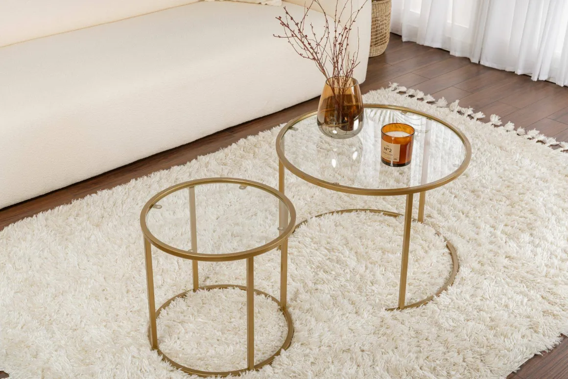 Tavolino da Salotto oro set di 2 Tavolini Peso Massimo Supportato 10 kg Forma Rotondo 60x60x43h cm, Materiale Piano in Vetro - Xaden