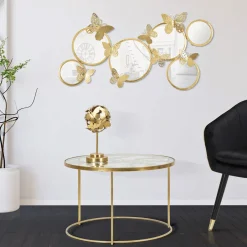 Tavolino da Salotto oro Trasparente Decorazioni con Farfalle Forma Rotondo 60x60x41h cm, Colore Ripiano Trasparente - Taketa