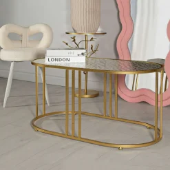 Tavolino da Salotto oro Trasparente Forma Ovale Colore Ripiano Trasparente 90x50x45h cm, Materiale Struttura in Vetro - Fadali