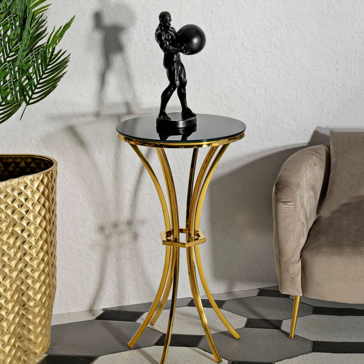 Tavolino da Salotto oro Trasparente Forma Rotondo Colore Ripiano Trasparente 50x50x92h cm, Materiale Struttura in Vetro - Datelosa
