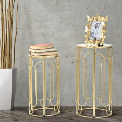 Tavolino da Salotto oro Trasparente set da 2 Forma Rotondo 37x37x70h cm, Colore Ripiano Trasparente - Kuldig
