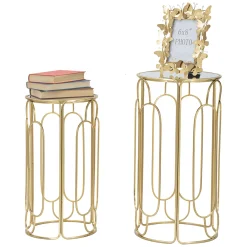 Tavolino da Salotto oro Trasparente set da 2 Forma Rotondo 37x37x70h cm, Colore Ripiano Trasparente - Kuldig