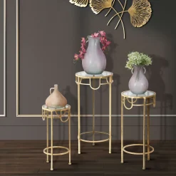 Tavolino da Salotto oro Trasparente set da 3 Portatelefono Forma Rotondo 33x33x70h cm, Colore Ripiano Trasparente - Gama