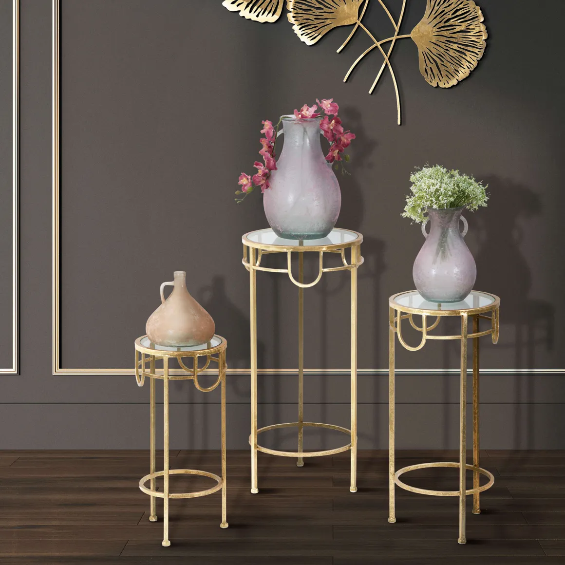 Tavolino da Salotto oro Trasparente set da 3 Portatelefono Forma Rotondo 33x33x70h cm, Colore Ripiano Trasparente - Gama